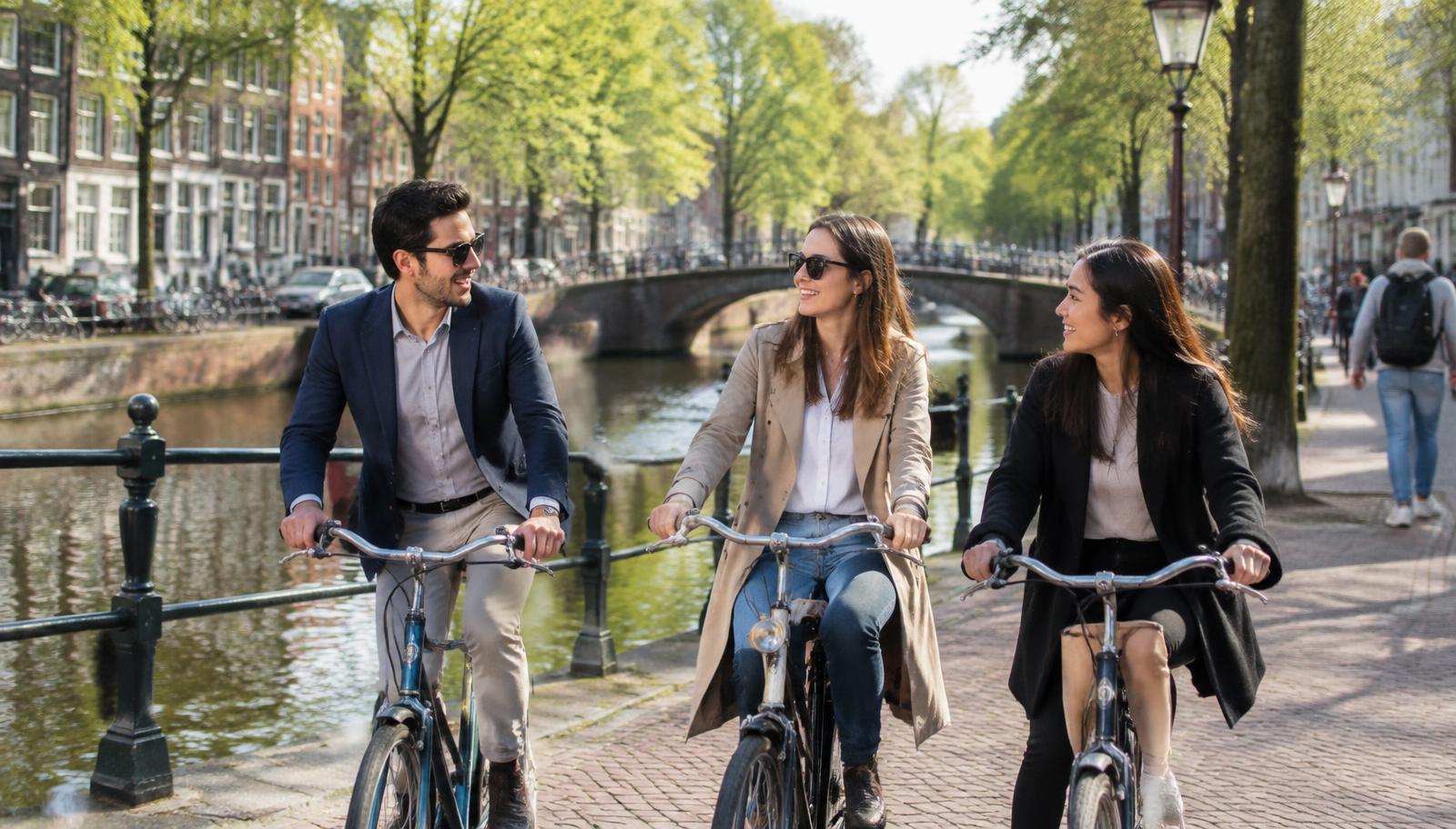 People cycling along an Amsterdam canal