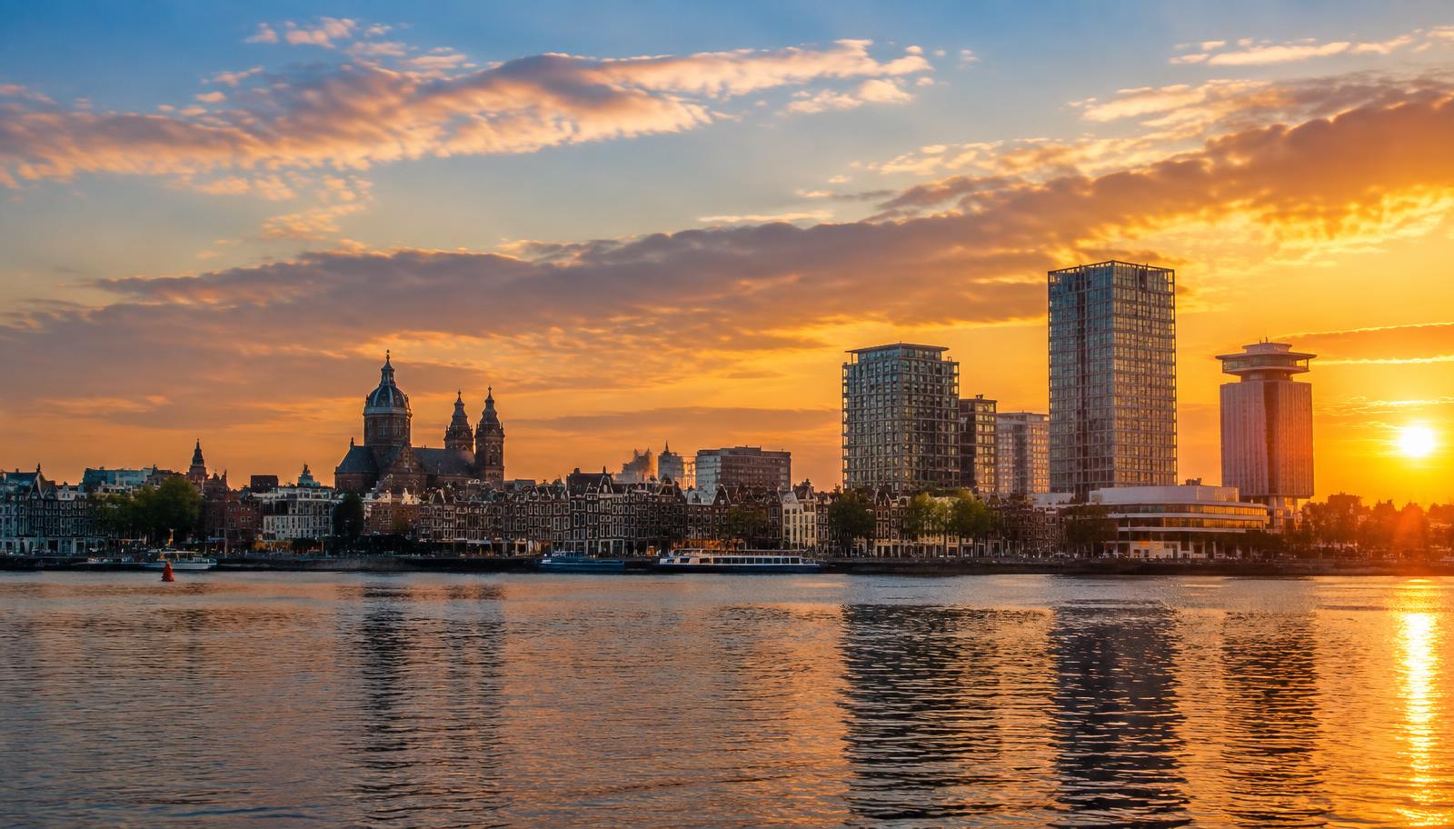 Amsterdam waterfront at sunset